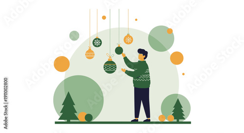 Festive Scene Of A Person Decorating For The Holidays With Ornaments And Trees