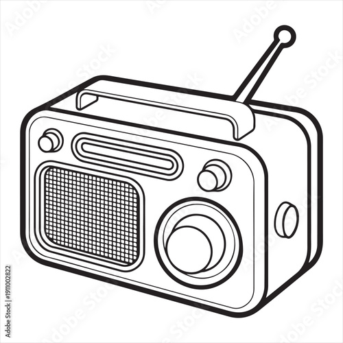 An isolated vintage transistor radio with an antique antenna and stereo speakers sits on a white background as a classic media object for audio broadcast and music communication