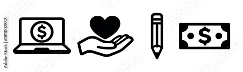 Icons of laptop with dollar, helping hand, heart, pencil, money on gradient background