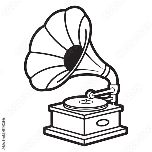 A vintage antique phonograph with a large brass horn and vinyl record serves as a retro audio player, blending nostalgia and classic design in this isolated vector illustration of a music turntable