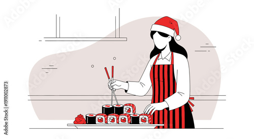 Festive Sushi Creation With Festive Hat And Apron In Minimalist Style