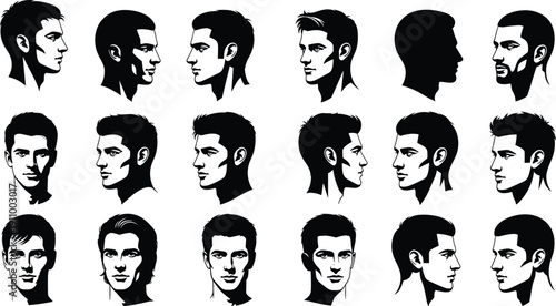 Collection of male head silhouettes and profile portraits featuring various hairstyles, bearded faces, and masculine facial features for barbering and grooming