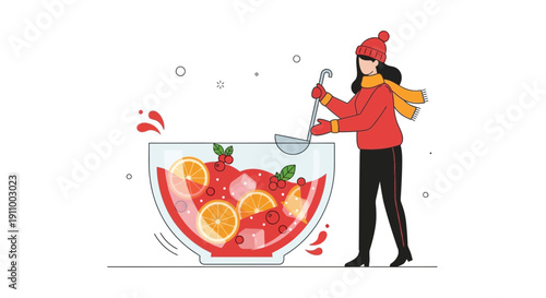 Festive Winter Punch Bowl Preparation With Seasonal Fruit and Warm Attire