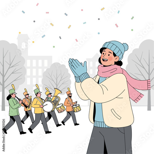 Festive Winter Parade Spectator Enjoying The Music Outdoors