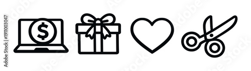 Black icons: laptop gift heart scissors on gray background