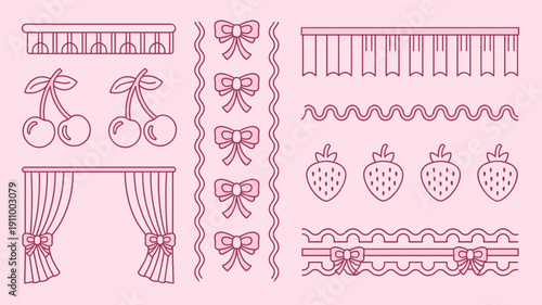 Set of lovely hand-drawn elements for decorations. delightful outline vector illustrations of fruits, ribbons, and curtains