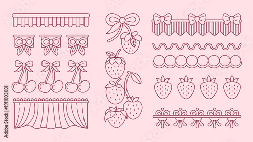 Cute hand-drawn vector elements for sweets and fruits. charming outline illustrations of ribbons, bows, cherries, and strawberries