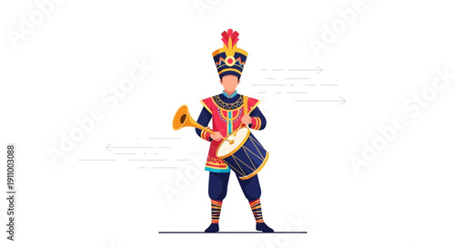 Festive Marching Band Musician Playing Trumpet and Drum