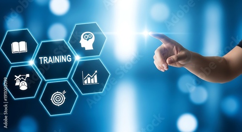 A hand pointing to a training icon on a blue background with hexagons