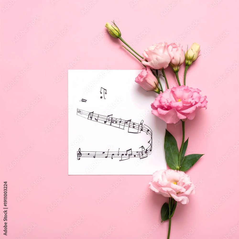 Fototapeta premium Pastel pink floral arrangement with sheet music