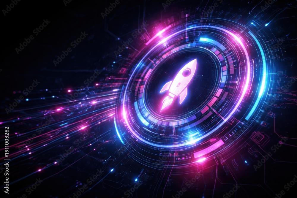 Obraz premium A vibrant digital illustration of a rocket launching, surrounded by colorful, dynamic light patterns representing technology and innovation.