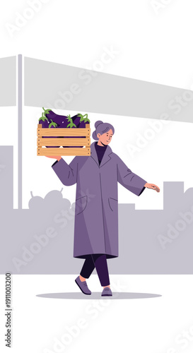 Fresh Harvest Carried by a Woman in a Stylish Coat at an Outdoor Market