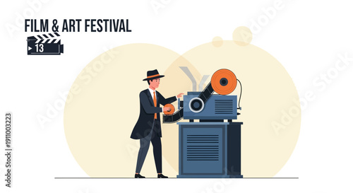 Film And Art Festival Illustrated Retro Cinema Projector Scene