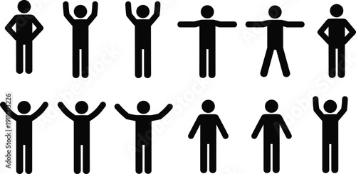 Collection of human stick figure icons in various poses including arms raised, hands on hips, and wide stances isolated on white