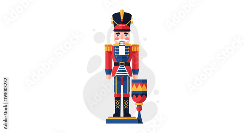 Festive Nutcracker Soldier With Drum Classic Toy Character Flat Design
