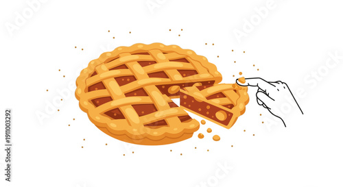 Freshly Baked Pie Slice Being Picked Up by a Hand in Delightful Illustration