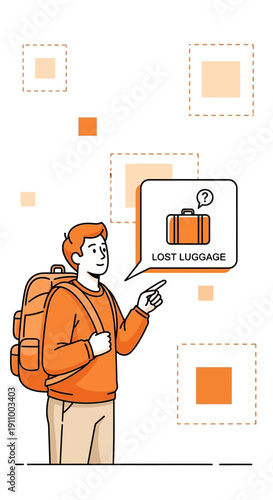 Frustrated Traveler Points to Lost Luggage Icon With Question Mark Overhead
