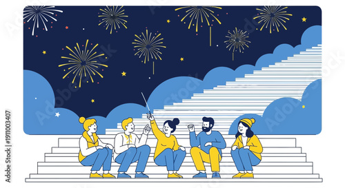 Friends Celebrate Festive Fireworks Display From Elevated Steps Together