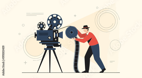 Filmmaker Loading Vintage Movie Camera With Film Reel