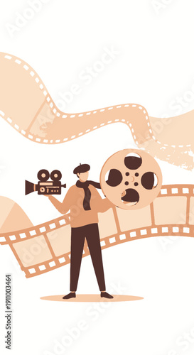 Filmmaker With Vintage Camera And Film Reel Concept