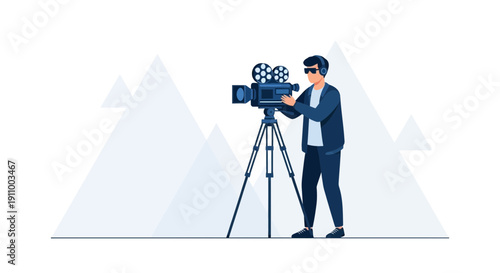 Filmmaker Operating Vintage Movie Camera On Tripod