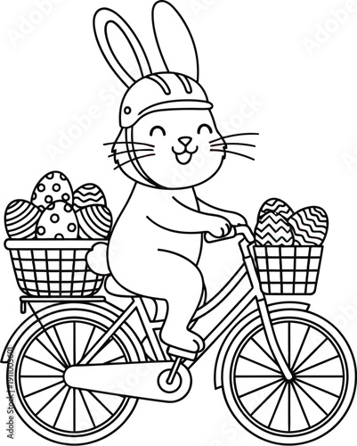 Easter bunny riding a bicycle with baskets full of colorful easter eggs wearing a blue helmet conveying a fun spring holiday theme perfectly capturing the joyful essence.