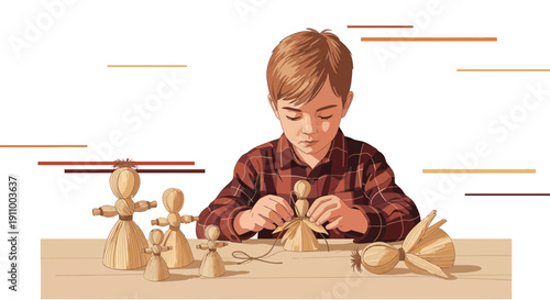 Focused Boy Crafting Traditional Straw Dolls Creative Childhood Hobby