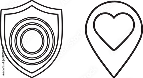 Shield and location pin icons with concentric circles and heart shapes symbol