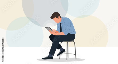 Focused Businessman Engaged With Digital Tablet on Stool