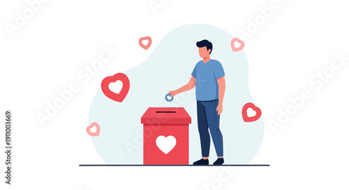 Generosity Concept Illustrated By A Person Donating To A Charity Box With Hearts
