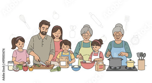 Generations Unite Preparing Wholesome Meals Together In A Joyful Kitchen Scene