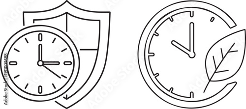 Shield with Clock and Clock with Leaf Icon on White Background