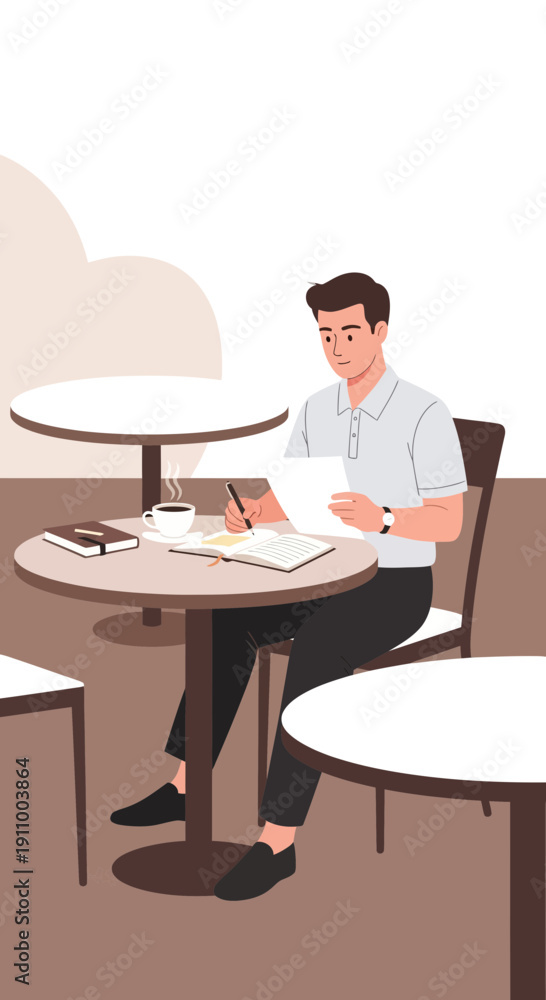 Fototapeta premium Focused Professional Working At A Cafe Table With Coffee And Notes