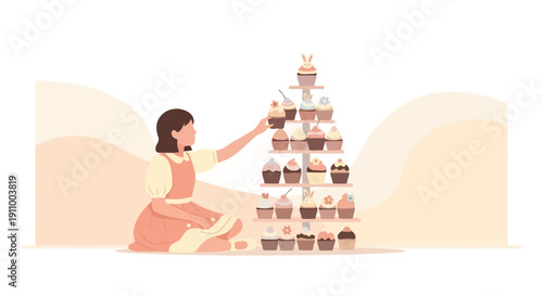 Girl Arranging Sweet Cupcake Tower Presentation For Celebration