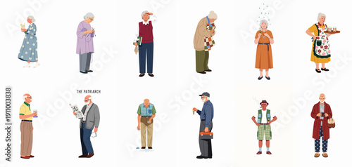 Diverse Illustrated Senior Citizens Collection: Grandparents performing daily activities, hobbies, and expressing various emotions on a white background.