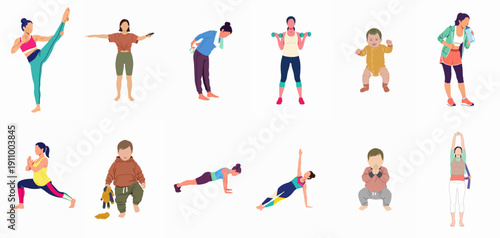 Modern vector collection illustrating women engaging in fitness, yoga, and exercise routines alongside cute baby figures for wellness concepts.