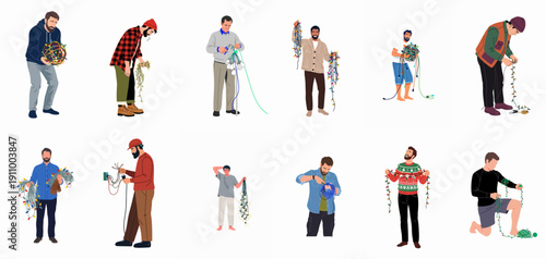Men dealing with tangled holiday lights and electric cables, preparing for festive decorations, isolated on white background.