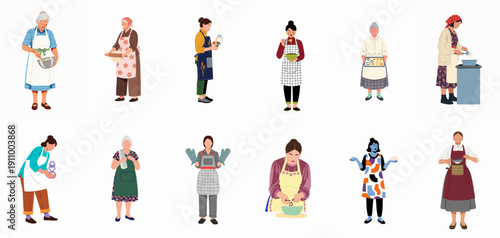 Diverse collection of women and grandmothers cooking and baking, featuring various culinary activities like mixing, rolling dough, and holding cookies.