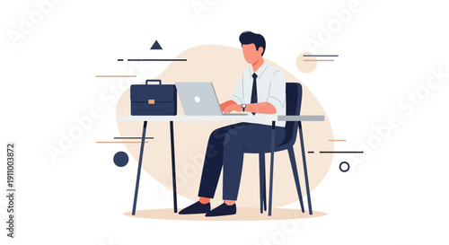 Focused Professional Working On Laptop At Desk Minimalist Style Illustration