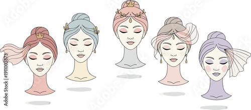 Set of Elegant Women Portrait Vectors Featuring Pastel Hair Gold Crowns Floral Headpieces and Veils for Beauty Fashion and Spa