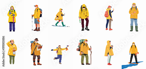 Collection of isolated characters in yellow rain gear, depicting various people hiking, trekking, and prepared for outdoor adventures in wet weather.