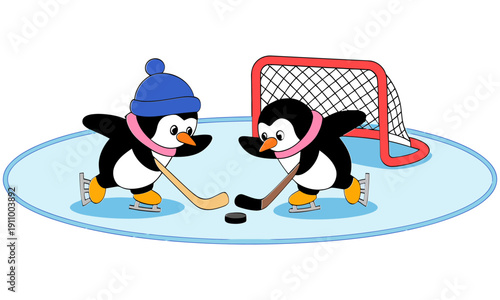Two penguins playing ice hockey on rink with goal net  fun cartoon scene
