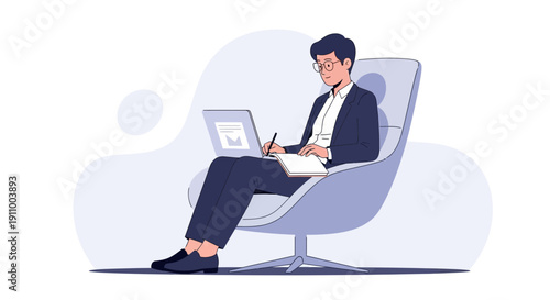 Focused Professional Working Remotely From Ergonomic Chair With Laptop
