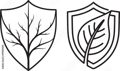 Two outline icons of a shield with a leaf and a branch inside protection security
