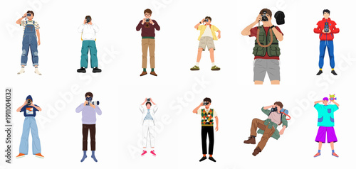 Set of twelve illustrated characters in various outfits taking photos with different vintage and modern cameras, isolated on white.
