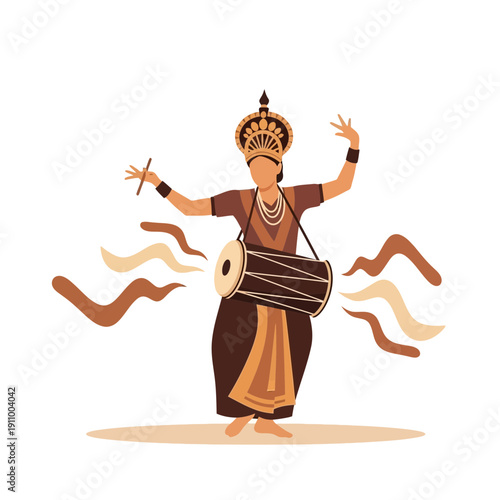 Graceful Dancer Performing Traditional Rhythms with Drum and Majestic Headdress on White Background