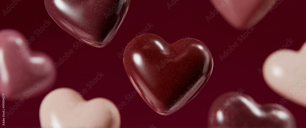 Fototapeta premium Close-up view of luxurious heart-shaped chocolate decorations in shades of burgundy and pink, set against a rich background, showcasing a romantic and artistic presentation.