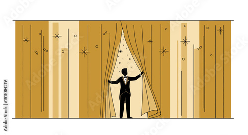 Grand Unveiling of a Dapper Gentleman Behind Golden Curtains