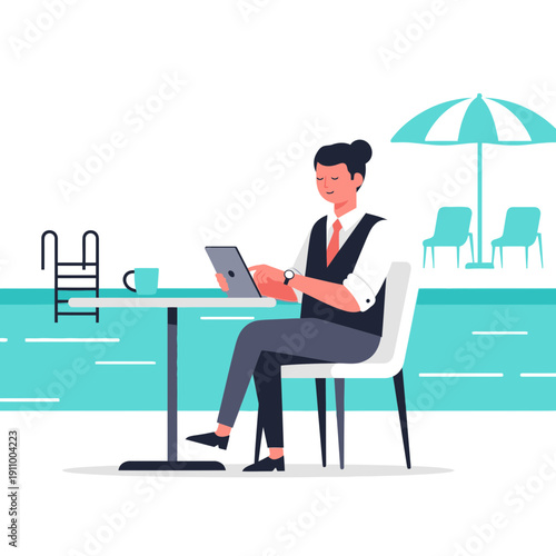 Freelancer Working Remotely by the Pool Enjoying a Relaxed Work Environment