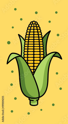 Fresh Corn Cob Illustration With Green Leaves And Yellow Background With Green Dots
